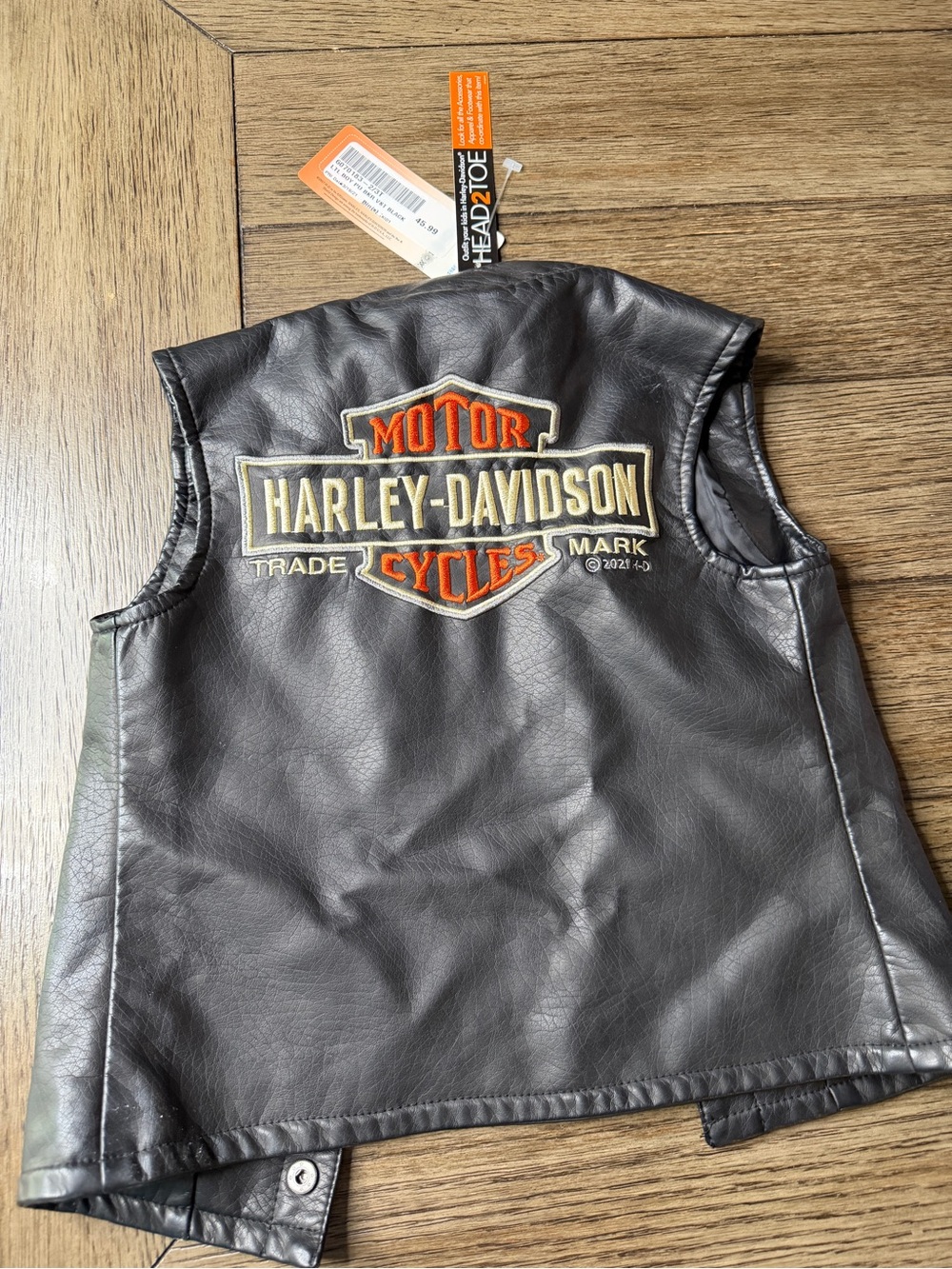 Harley-Davidson Kids Black Faux Leather Snap-Front Vest with Patch 2/3T - Picture 3 of 4